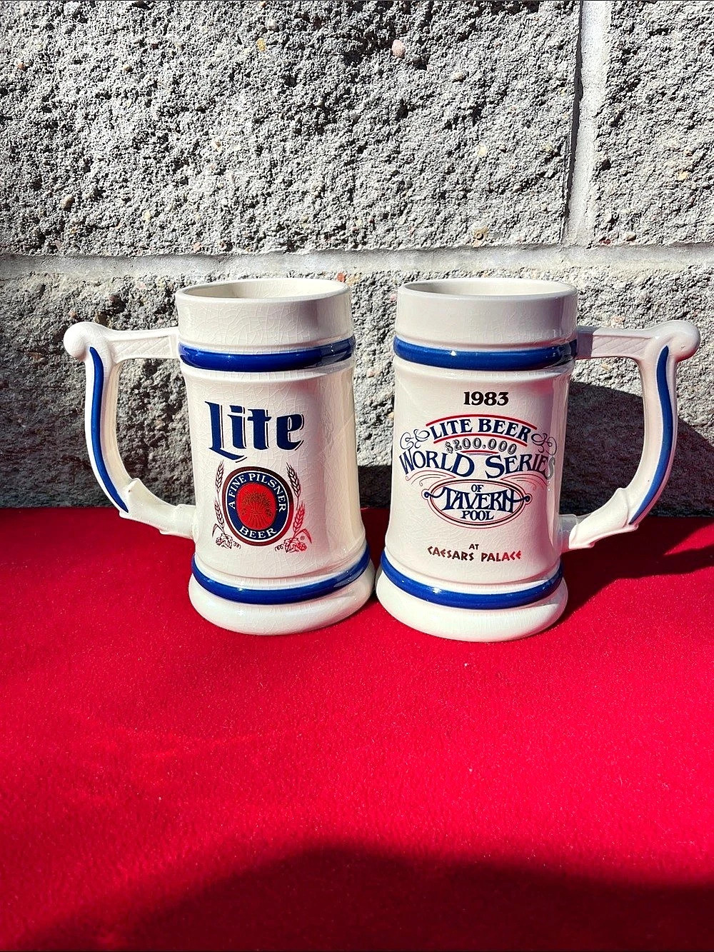 Lite 1983 Lite Beer World Series of America Pool Mugs Pair White & Blue Mugs
